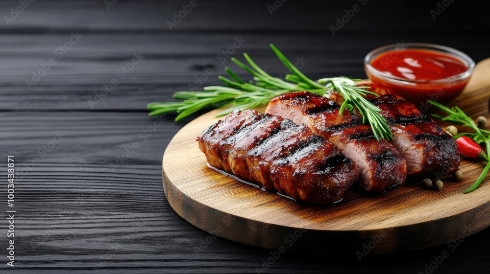 Grilled Pork on Wooden Cutting Board with Sauce Grilled Pork on Wooden Cutting Board with Sauce