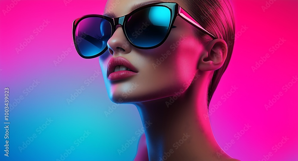 Vibrant Woman with Sunglasses in Neon Lighting Vibrant Woman with Sunglasses in Neon Lighting