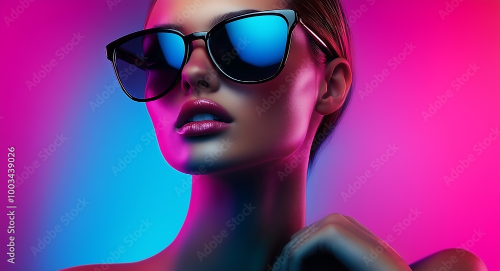 Vibrant Woman with Sunglasses in Neon Lighting Vibrant Woman with Sunglasses in Neon Lighting