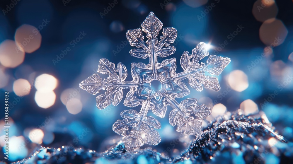 A close-up of a sparkling snowflake resting on shimmering blue fabric, capturing the beauty of winter's delicate elegance. A close-up of a sparkling snowflake resting on shimmering blue fabric, capturing the beauty of winter's delicate elegance.