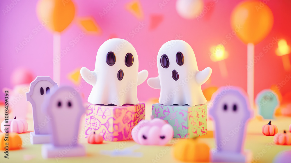 Charming ghosts pop out of colorful graves, with light Halloween decorations scattered around, set against a soft background. Charming ghosts pop out of colorful graves, with light Halloween decorations scattered around, set against a soft background.