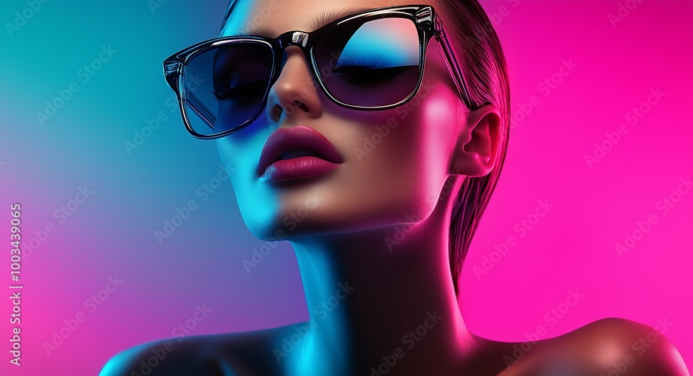 Vibrant Woman with Sunglasses in Neon Lighting Vibrant Woman with Sunglasses in Neon Lighting