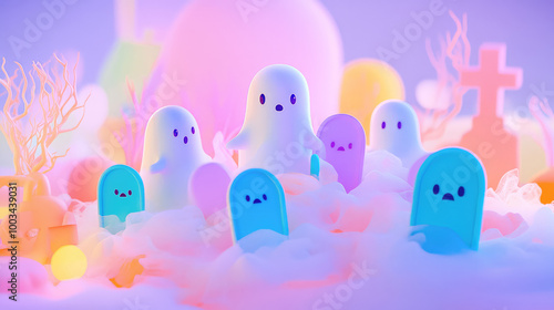 Playful ghosts jump out of bright, pastel-patterned graves, surrounded by delicate Halloween decorations on a gentle backdrop.