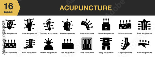 Acupuncture solid icon set. Includes hand, head, knee, leg, person, skin, and More. Solid icons vector collection.