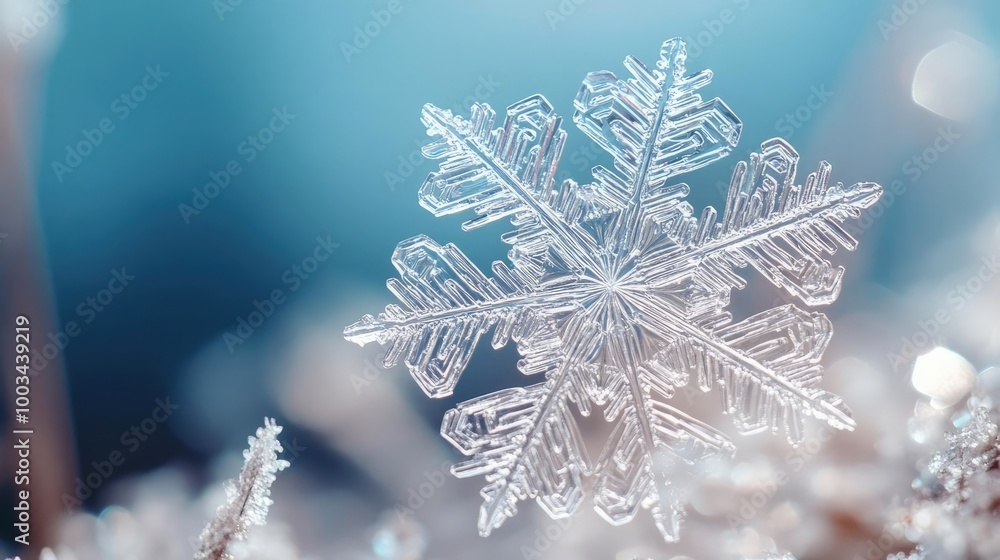 Close-up of a delicate snowflake resting on frost, showcasing intricate patterns and the beauty of winter's design. Close-up of a delicate snowflake resting on frost, showcasing intricate patterns and the beauty of winter's design.