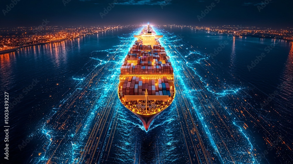 A futuristic world map shows AI-driven global logistics networks ...