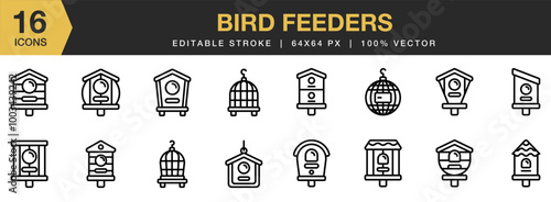 Bird Feeders icon set. Editable Stroke Icon Collection. Includes bird feeders line icon, and More. Outline icons vector collection.