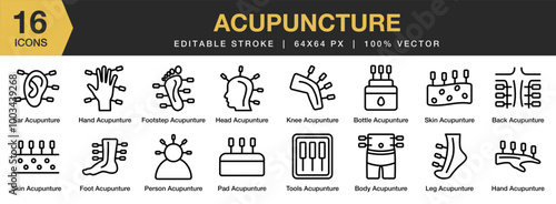 Acupuncture icon set. Editable Stroke Icon Collection. Includes back, body, bottle, ear, foot, footstep, and More. Outline icons vector collection.