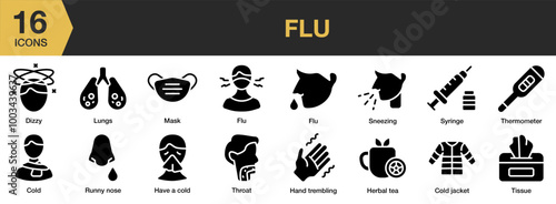 Flu solid icon set. Includes tissue, throat, sneezing, runny nose, mask, and More. Solid icons vector collection.