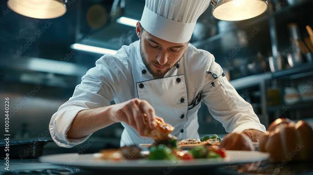A chef in a white uniform carefully plating a dish in a commercial kitchen. A chef in a white uniform carefully plating a dish in a commercial kitchen.