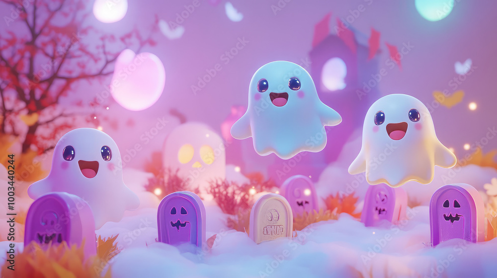 Vibrant 3D ghosts with big, excited eyes hover over pastel graves, surrounded by soft Halloween decorations. Vibrant 3D ghosts with big, excited eyes hover over pastel graves, surrounded by soft Halloween decorations.