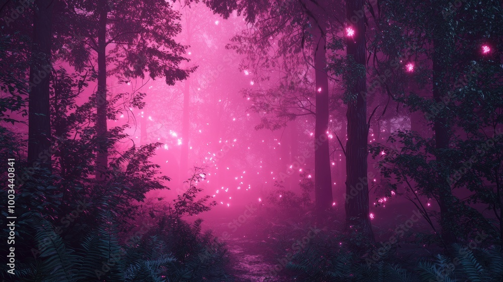Fototapeta premium A Mystical Pink Forest with Glowing Lights