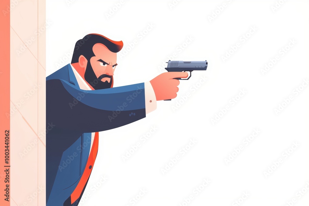 A bold cartoon character in a suit aiming a gun, exuding intensity and drama, perfect for action-themed projects. A bold cartoon character in a suit aiming a gun, exuding intensity and drama, perfect for action-themed projects.