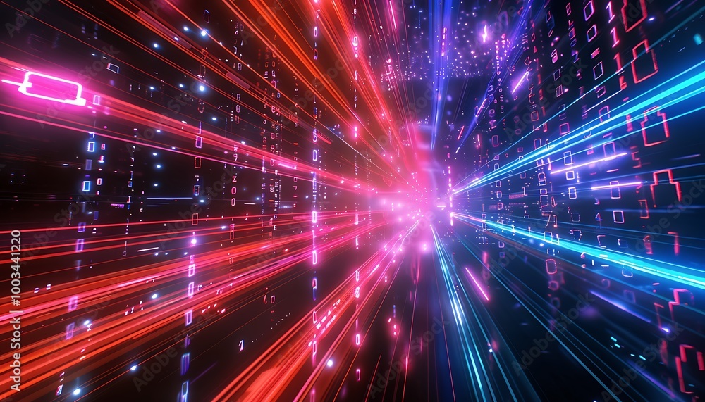 Digital Network with Light Trails, Binary Codes, and Neon Security Locks Digital Network with Light Trails, Binary Codes, and Neon Security Locks