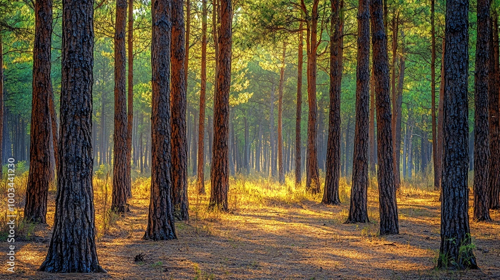 Fototapeta premium Sunbeams illuminating a pine forest.