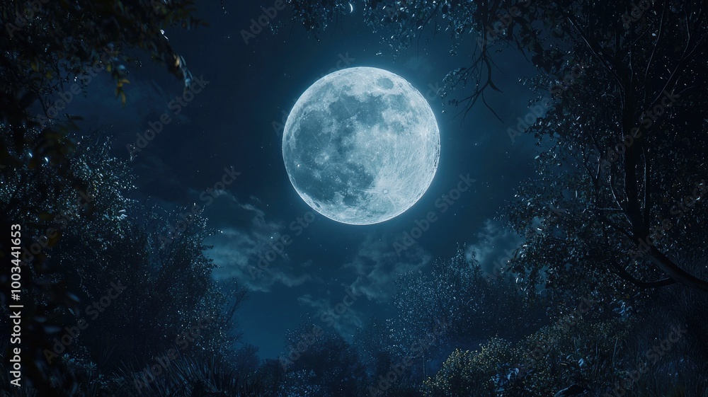 A Full Moon Illuminates a Dark Forest at Night A Full Moon Illuminates a Dark Forest at Night
