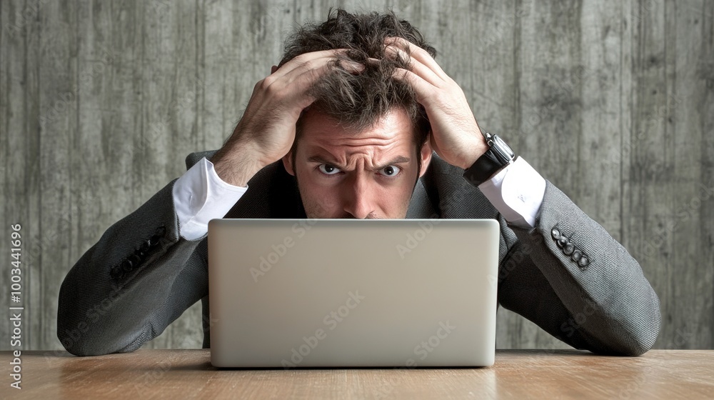 Frustrated man at laptop in modern workspace Frustrated man at laptop in modern workspace