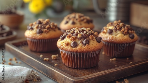 Chocolate chip muffins with a crunchy streusel topping, placed on a rustic tray with warm natural light enhancing the textures and layers, chocolate muffin, cozy homemade snack