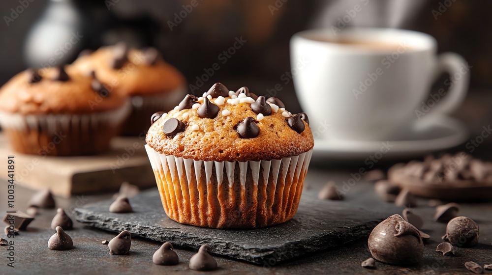 Muffins with chocolate chips and a crispy top, served in a cozy cafe environment with a steaming cup of coffee in the background, chocolate muffin, coffee-time snack Muffins with chocolate chips and a crispy top, served in a cozy cafe environment with a steaming cup of coffee in the background, chocolate muffin, coffee-time snack
