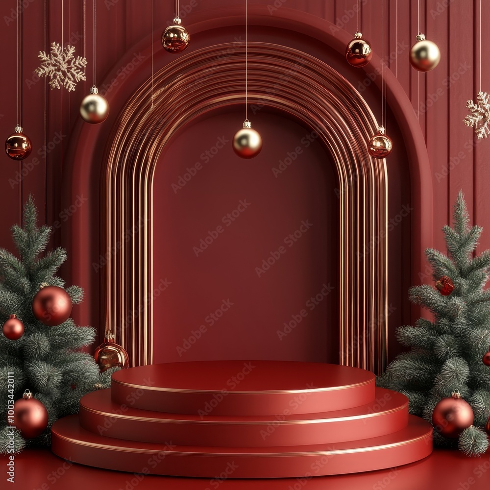 Christmas podium on a red background with Christmas decorations. 3d rendering Christmas podium on a red background with Christmas decorations. 3d rendering