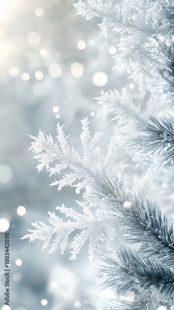 Close-up of frosty pine branch with Close-up of frosty pine branch with