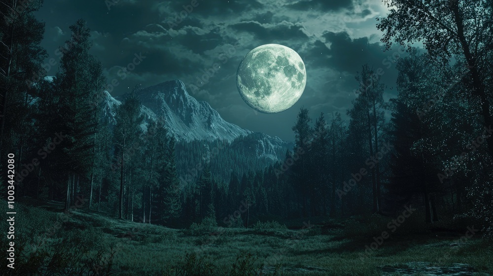 Full Moon Illuminating a Forest and Mountain Range at Night Full Moon Illuminating a Forest and Mountain Range at Night