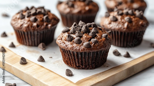 Vegan chocolate muffins with cacao nibs and a rich, dark color, placed on parchment paper with rustic presentation, chocolate muffin, healthy indulgence