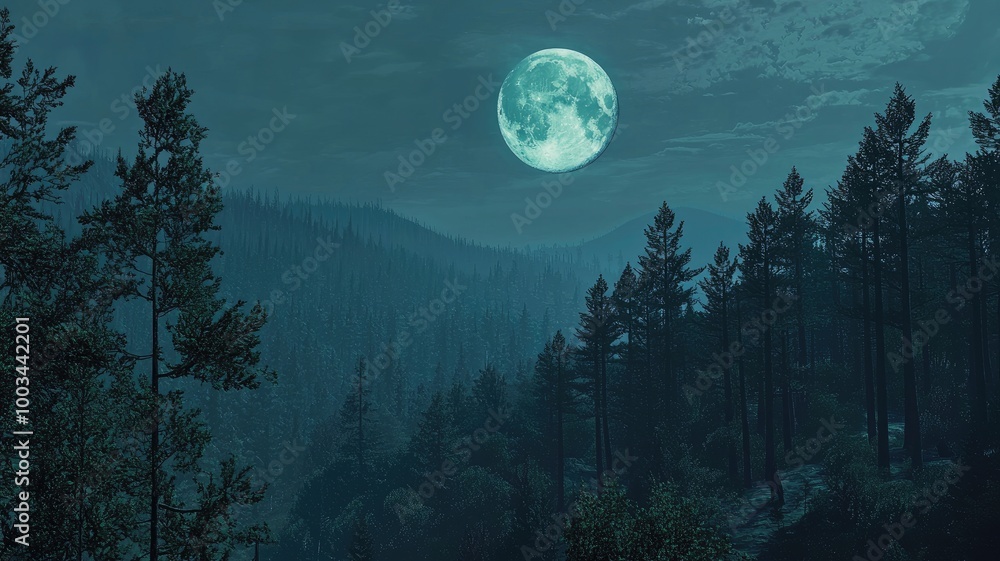 Full Moon Over a Silhouetted Forest at Night Full Moon Over a Silhouetted Forest at Night
