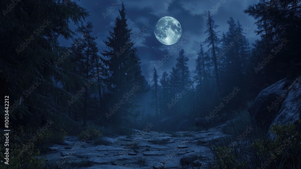 A Moonlit Path Through a Dark and Silhouetted Forest A Moonlit Path Through a Dark and Silhouetted Forest