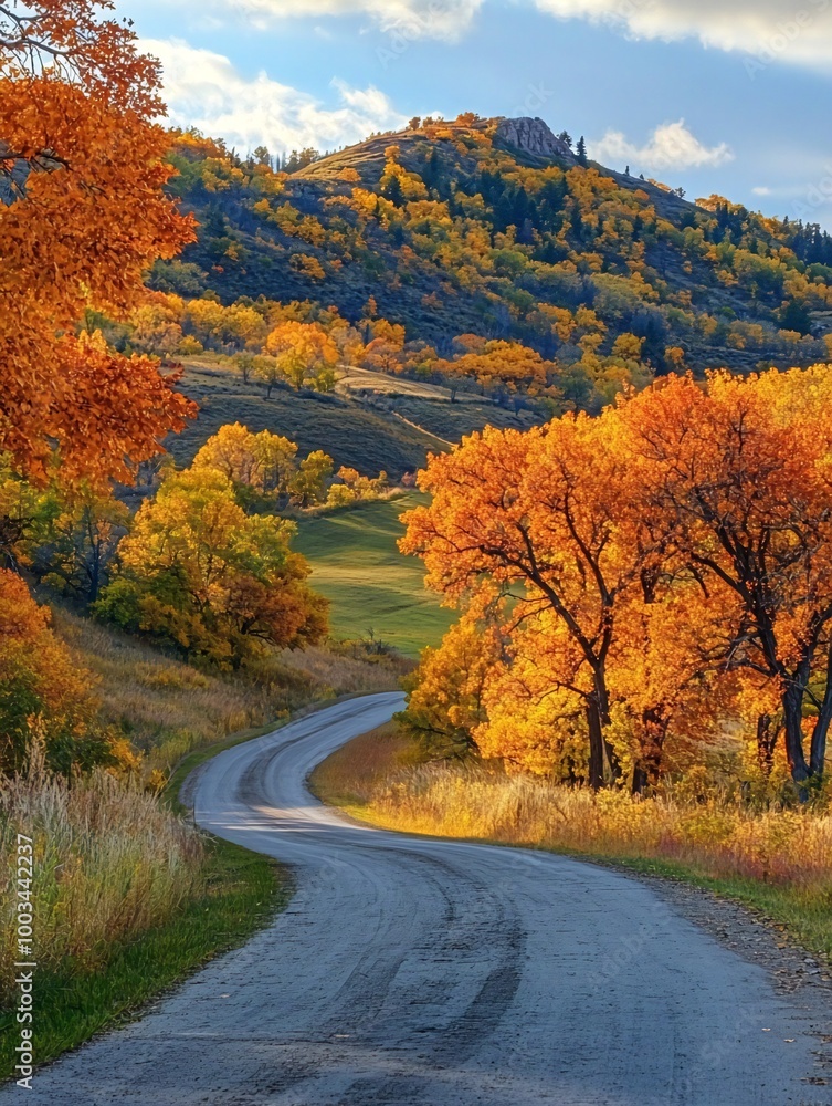 Fototapeta premium Winding paved road through a valley with colorful autumn foliage.