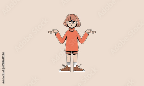 Confused girl in orange sweater shrugging, unsure expression