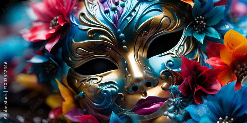 A close-up view of a blue and gold masquerade mask adorned with colorful flowers, capturing the essence of mystery and celebration. A close-up view of a blue and gold masquerade mask adorned with colorful flowers, capturing the essence of mystery and celebration.