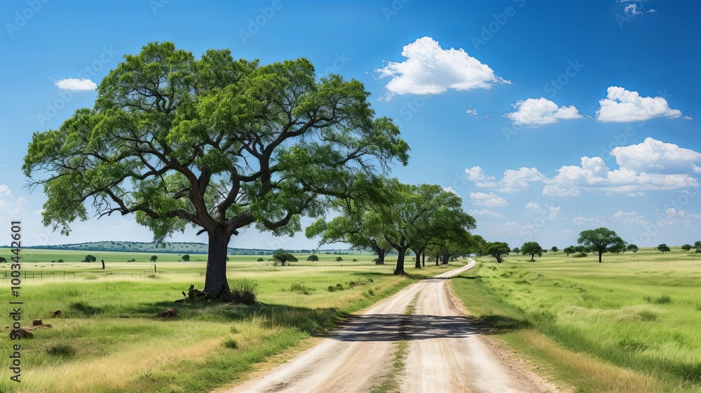 A winding dirt road stretches through a grassy meadow, leading to a horizon dotted with trees and framed by a bright blue sky with fluffy white clouds. A winding dirt road stretches through a grassy meadow, leading to a horizon dotted with trees and framed by a bright blue sky with fluffy white clouds.