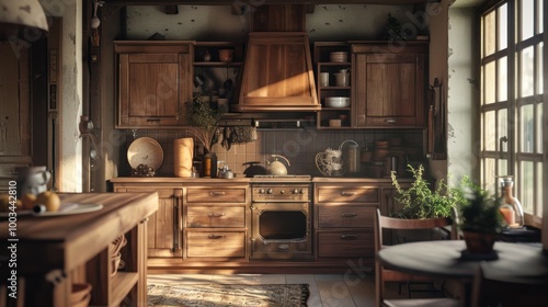 Kitchen Interior with traditional cupboards and beautiful vases AI generated image