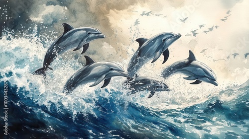 A pod of dolphins joyfully leaping and playing near the ocean surface, framed by the fluid motion of the waves in an ethereal watercolor style photo