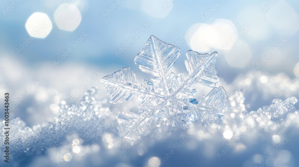 Close-up of a snowflake on a Close-up of a snowflake on a