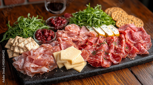 prosciutto and Parma ham on a wooden board, showcasing the rich textures and colors. Ideal for culinary themes, emphasizing indulgence, gourmet flavors, and Italian cuisine