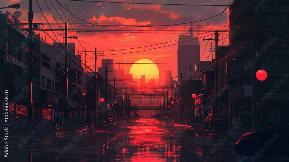Obraz premium A cyberpunk city street at sunset, with a skyline in the background, in the anime art