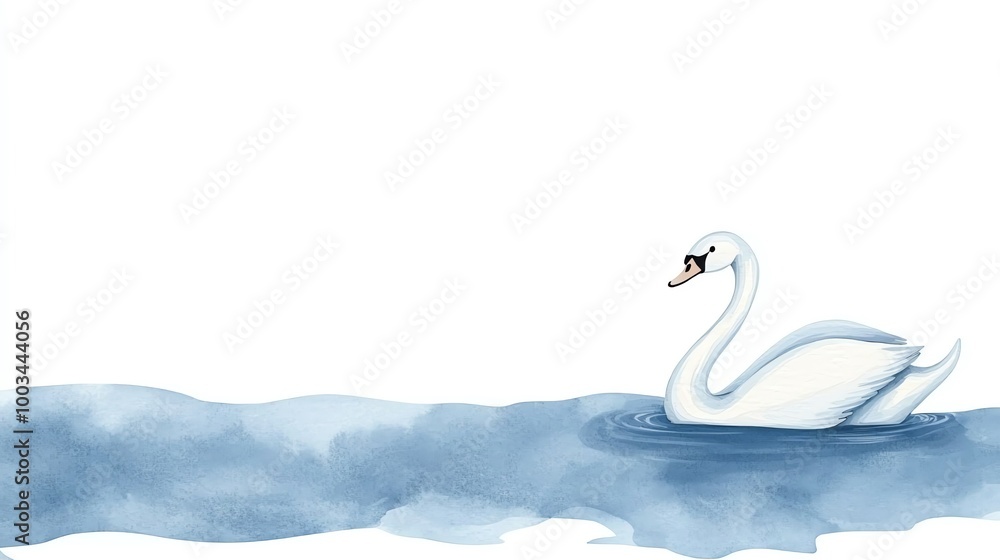 A graceful swan gliding on serene water, creating gentle ripples, on a clean white background.