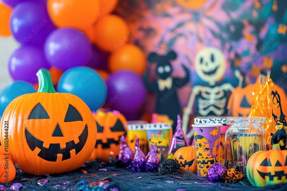 Naklejka premium A close-up of a jack-o'-lantern on a table decorated for Halloween.