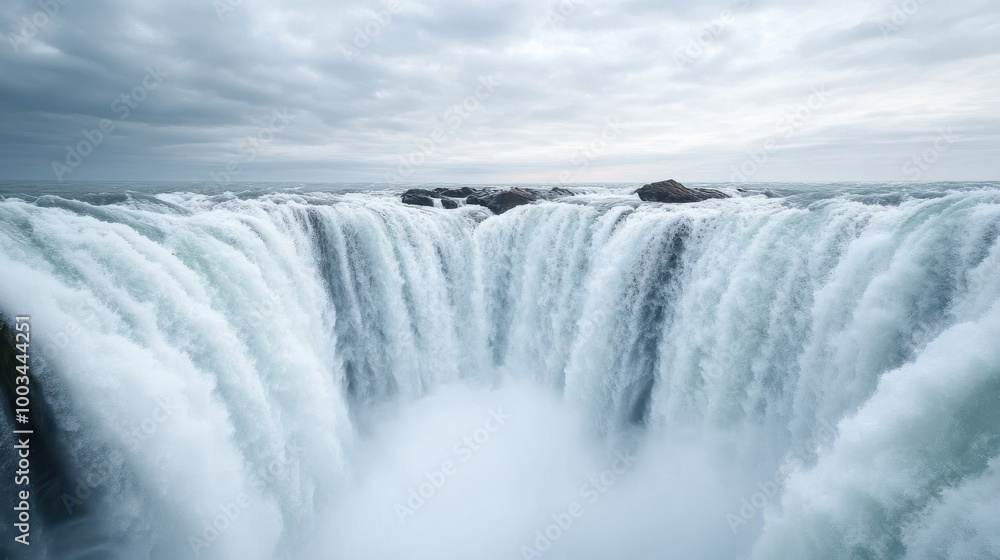 Majestic waterfall with mist and clouds Majestic waterfall with mist and clouds