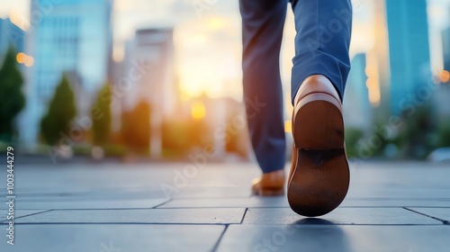 A person walking down a city street during sunset, showcasing modern urban life and vibrant cityscapes.