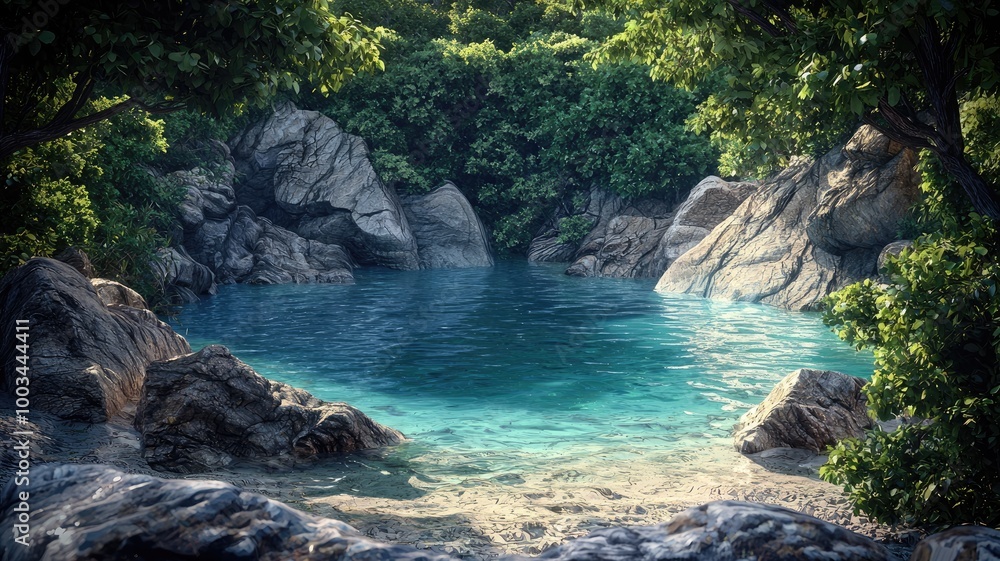 Tranquil Pool Surrounded by Lush Foliage and Rocks Tranquil Pool Surrounded by Lush Foliage and Rocks
