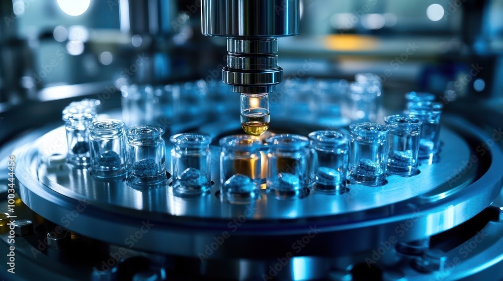 A close-up of a machine filling small glass vials with liquid on a rotating platform. A close-up of a machine filling small glass vials with liquid on a rotating platform.