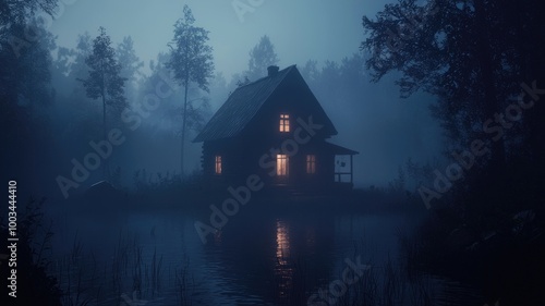 A Small Cabin with Warm Lights in a Foggy Forest at Night