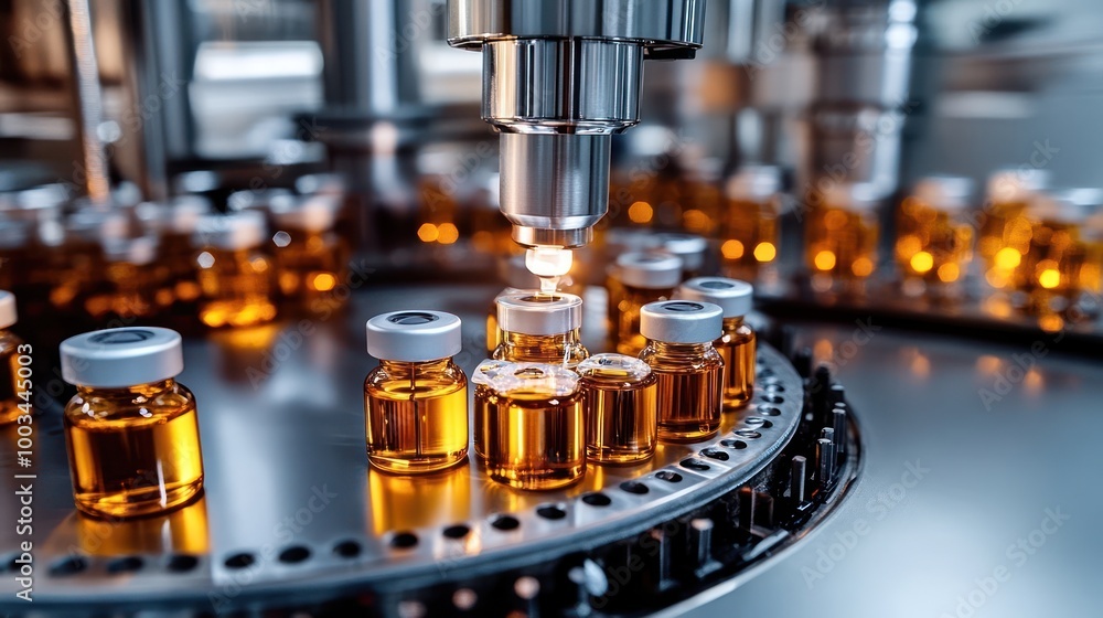 A close-up of a pharmaceutical production line, with a machine filling glass vials with amber liquid. A close-up of a pharmaceutical production line, with a machine filling glass vials with amber liquid.