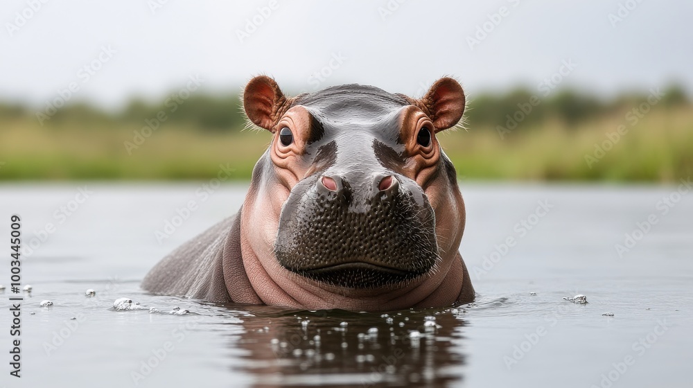 Fototapeta premium Hippo swimming in the water, serene nature scene, focus on animal's face.