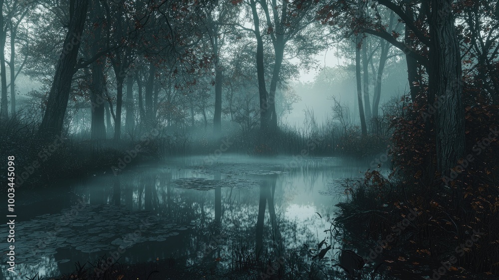 Fototapeta premium A Mystical Foggy Forest with a Still Pond