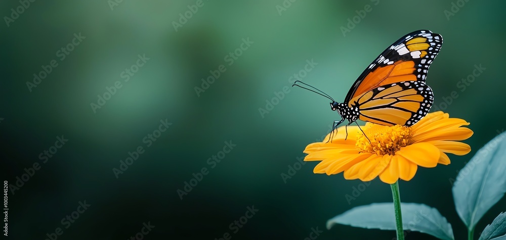 A vibrant monarch butterfly perched delicately on a bright yellow flower against a soft green background. A vibrant monarch butterfly perched delicately on a bright yellow flower against a soft green background.
