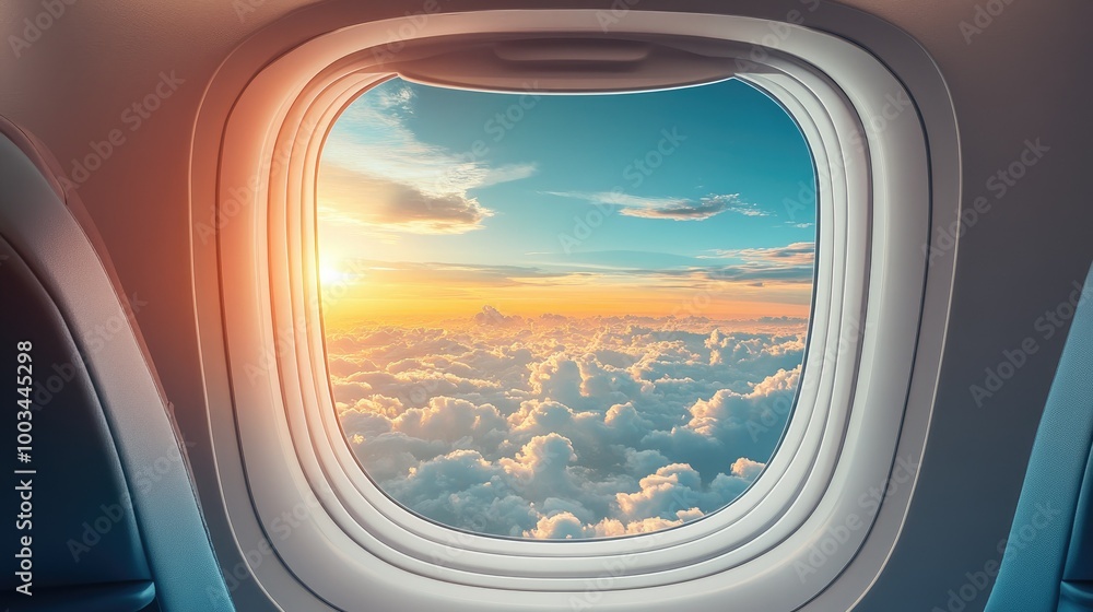 Airplane window template showing the inside seat view along with a beautiful outside view of the sky and clouds. Airplane window template showing the inside seat view along with a beautiful outside view of the sky and clouds.